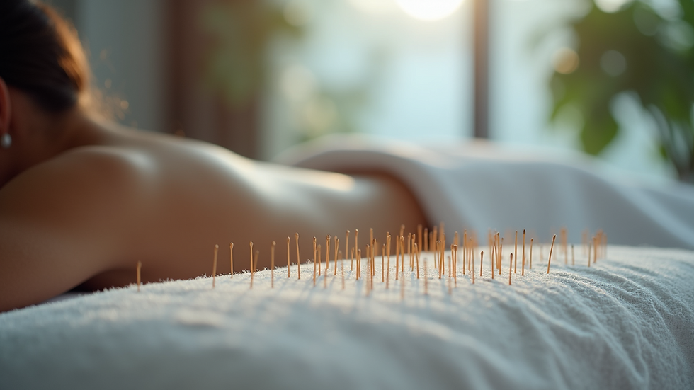 Eye-level view of acupuncture needles on a massage table