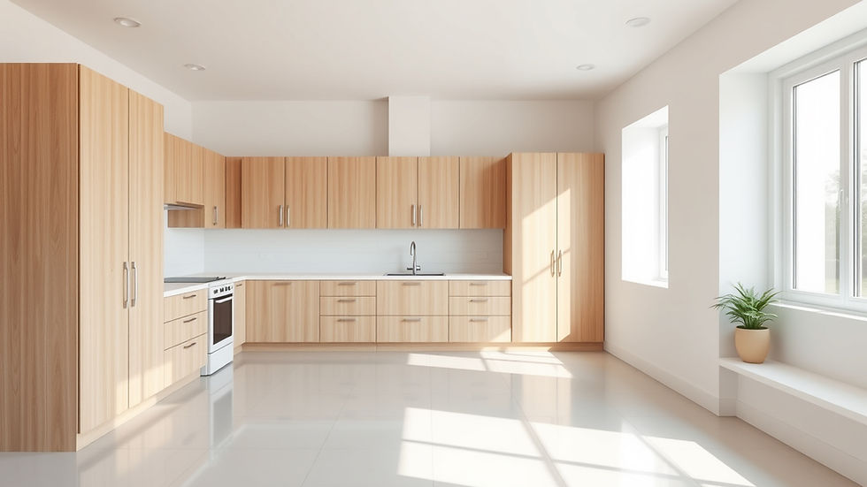 Eye-level view of a modern kitchen under renovation with new cabinets and countertops
