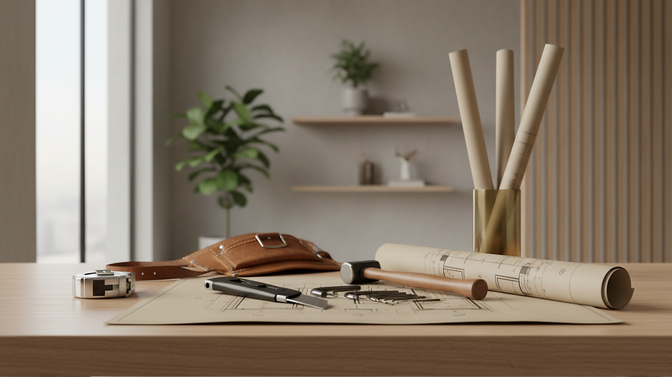 Close-up view of construction tools and blueprints on a workbench