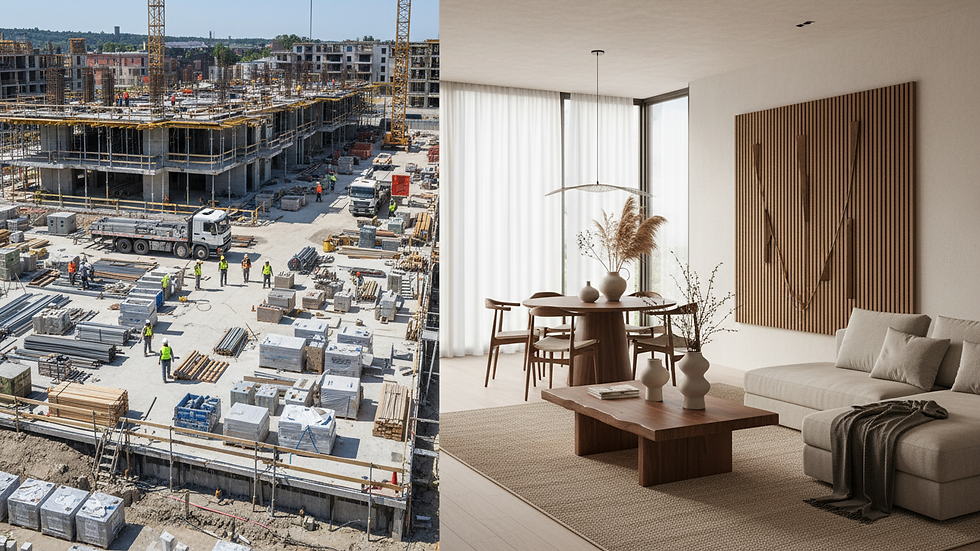 High angle view of a construction site with workers and building materials