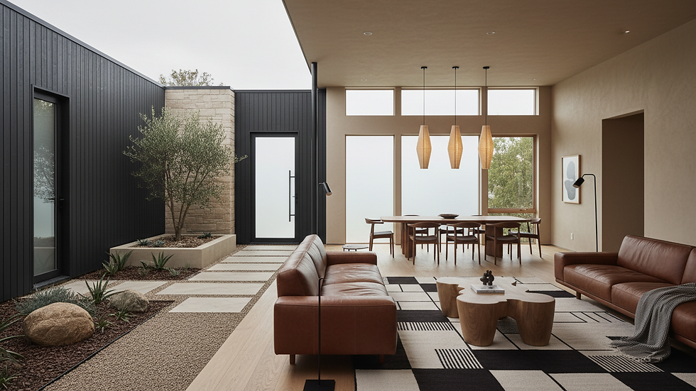 Wide angle view of a home exterior renovation with new siding and landscaping