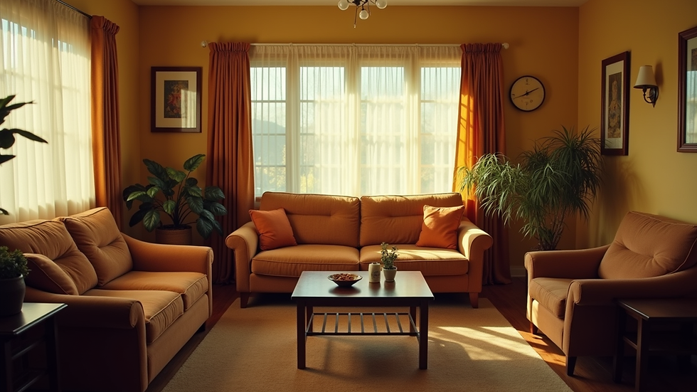 Eye-level view of a cozy 1970s living room with vintage furniture and warm lighting