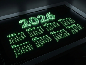 A futuristic digital calendar for 2026, displayed on a dark, high-tech tablet.