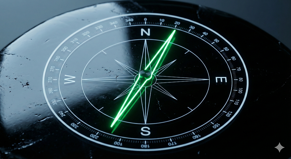 A close-up photograph of a black compass dial on a textured dark surface, featuring a glowing green needle pointing directly North.