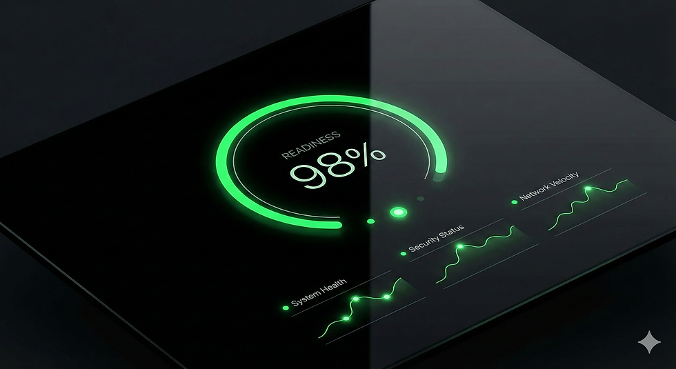 A sleek, dark-mode digital dashboard interface displays glowing green data visualizations. A central circular progress bar indicates a "Readiness" score of 98%. Below it, three separate line graphs track positive trends for "System Health," "Security Status," and "Network Velocity."