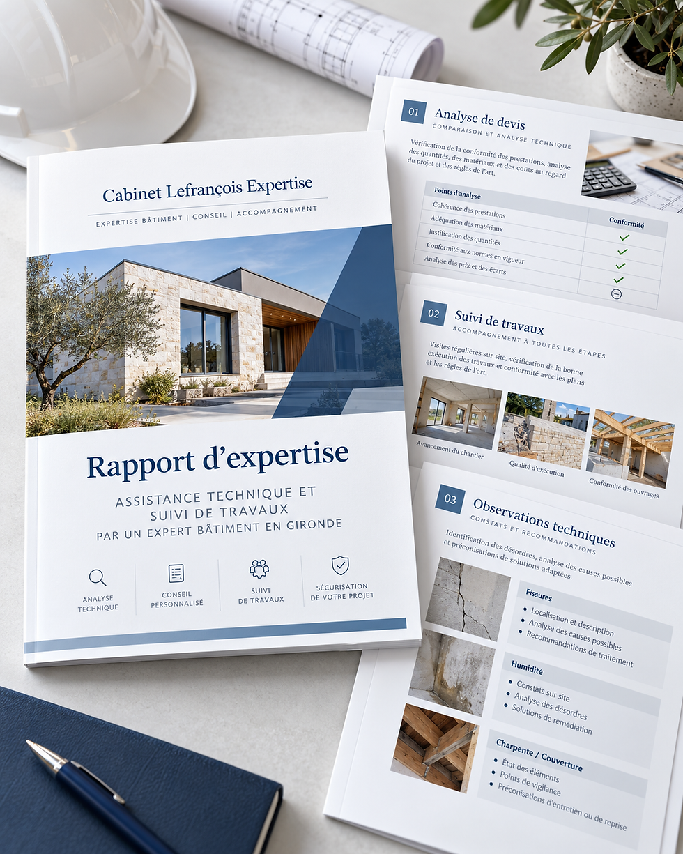 Rapport d’expertise bâtiment avec analyse de devis et suivi de travaux en Gironde