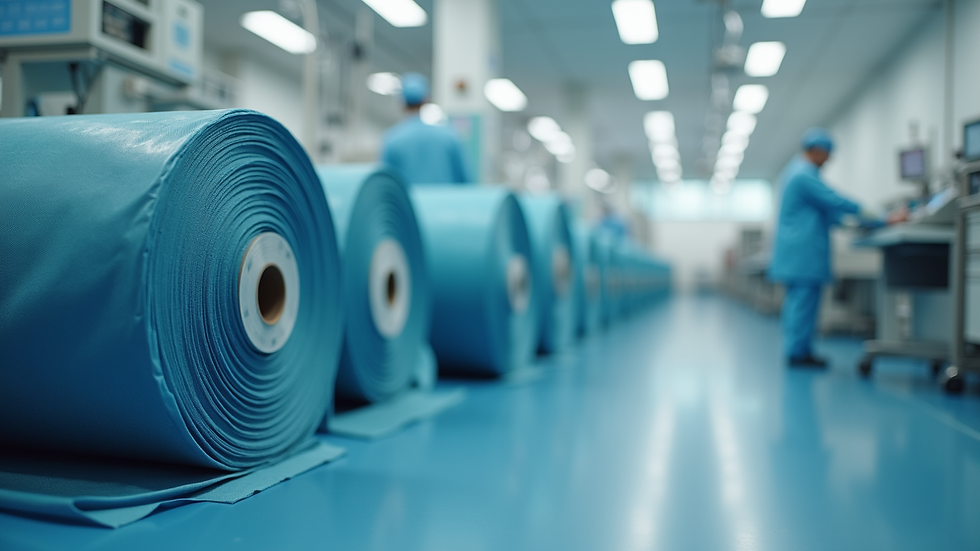eye-level view of medical uniform fabric rolls