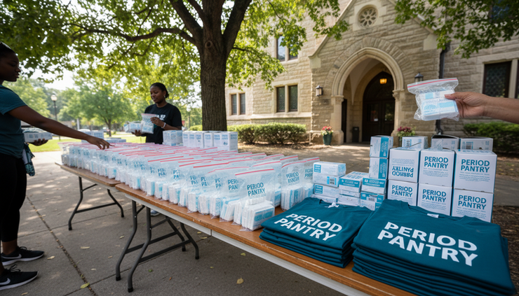 Wide-angle view of a neighborhood table stocked with Period Pantry care kits