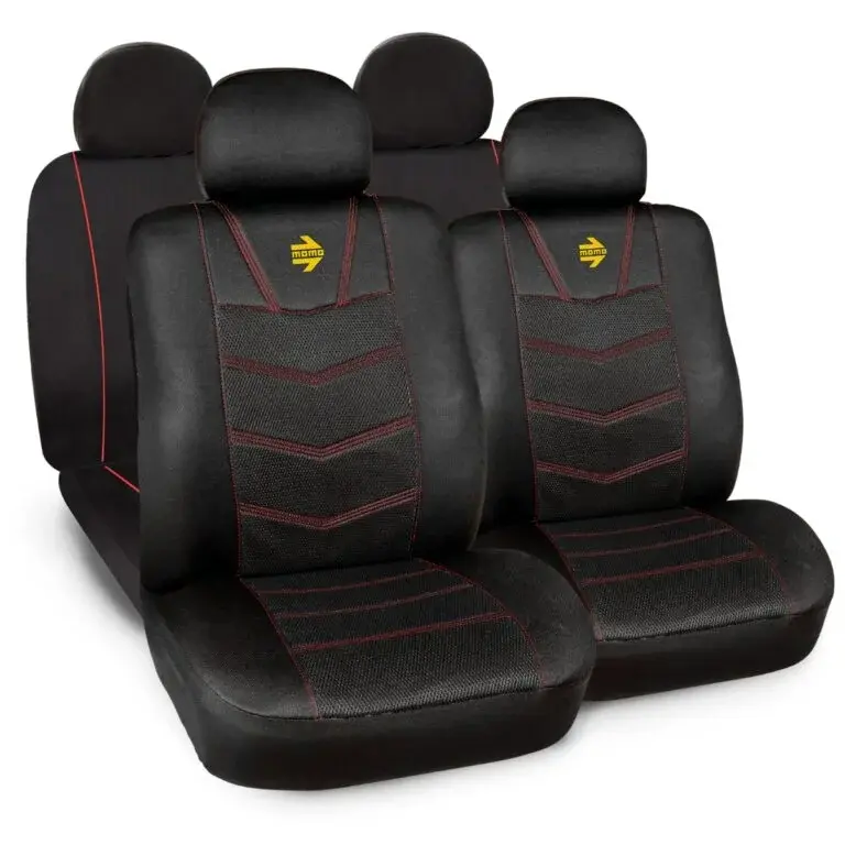 FUNDA ASIENTO UNIVERSAL MOMO NEGRO MALLA ROJA LOGO AMARILLO