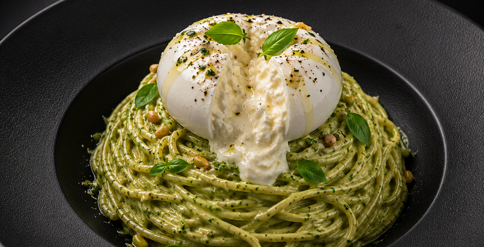 BURRSignature Burrata Pesto Spaghetti is a refined interpretation of a timeless Italian classic, thoughtfully crafted to showcase simplicity, freshness, and elegant presentation. Perfectly cooked spaghetti is coated in a rich, velvety basil pesto, creating a smooth and creamy texture that envelops every strand. At the center of the dish rests a whole fresh burrata, delicately opened to reveal its creamy interior, finished with a vibrant olive oil drizzle for an aromatic burst of freshness. Every element is carefully balanced to deliver a luxurious dining experience where creamy textures, fragrant herbs, and authentic Italian flavors come together in perfect harmony.ATA VERDE PESTO