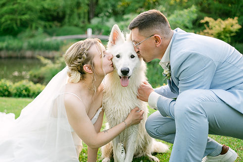 séance photo couple mariage avec chien blanc. Homme et femme qui embrasse leur chien le jour de leur mariage