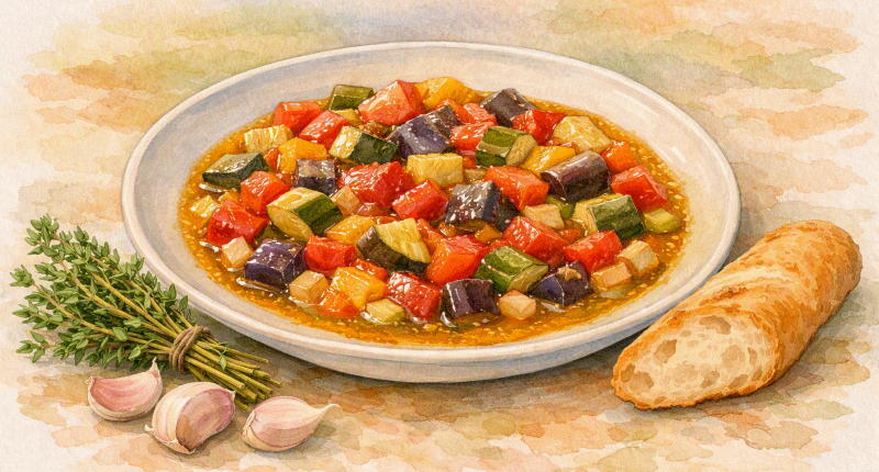 Ratatouille, tradycyjna kuchnia Prowansji z bagietką