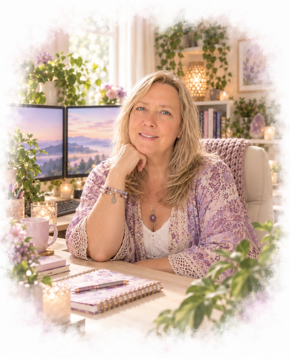 Jacquie Ross smiling at her desk, surrounded by plants, journals and computer screens