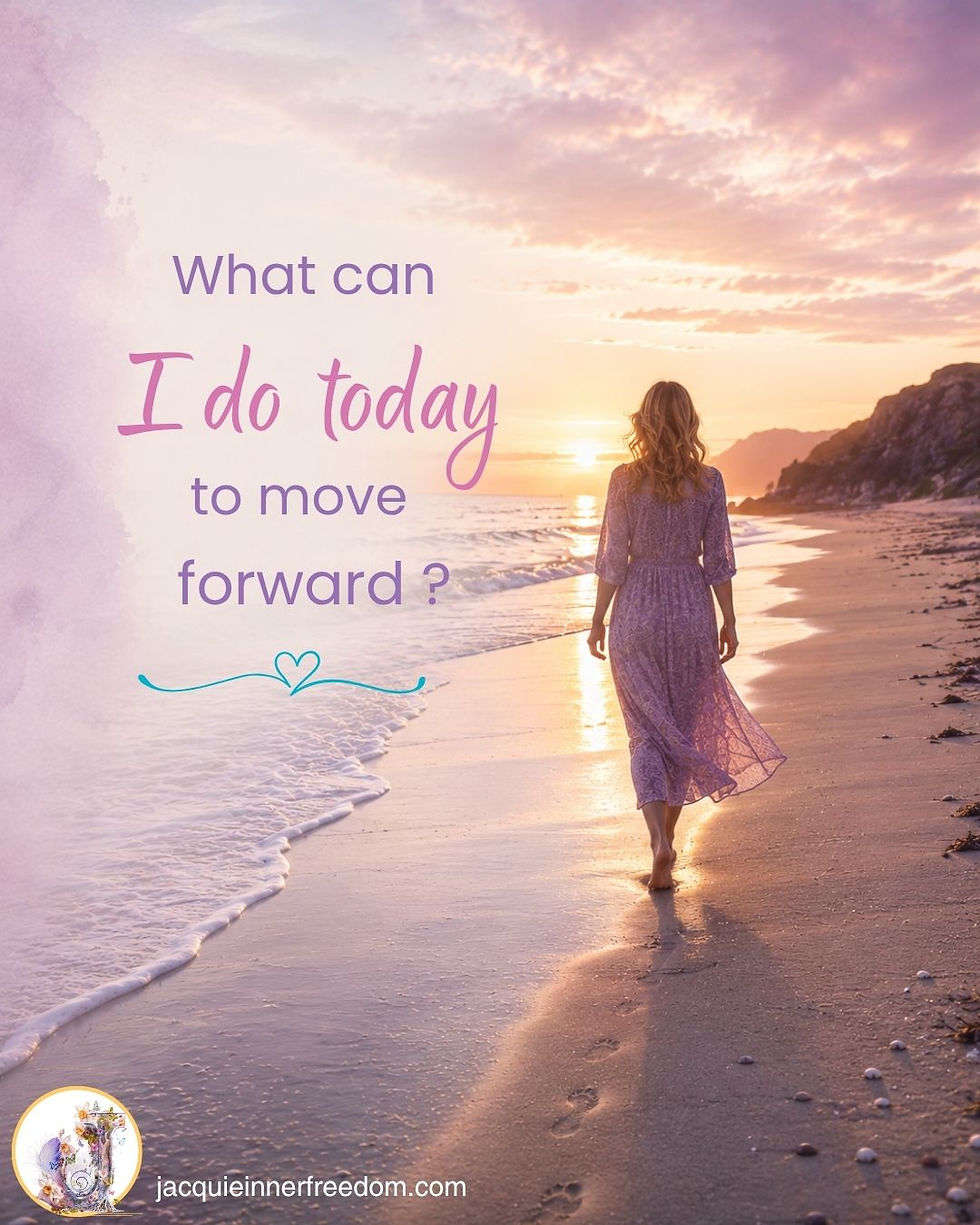 Woman in lilac dress walks barefoot on a sunset beach; text reads What can I do today to move forward?