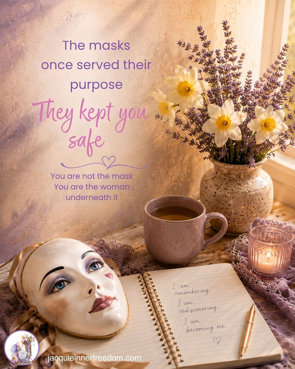 Romantic still life with a white mask, flowers, tea, candle, journal, and mug; text says You are not the mask and becoming me.