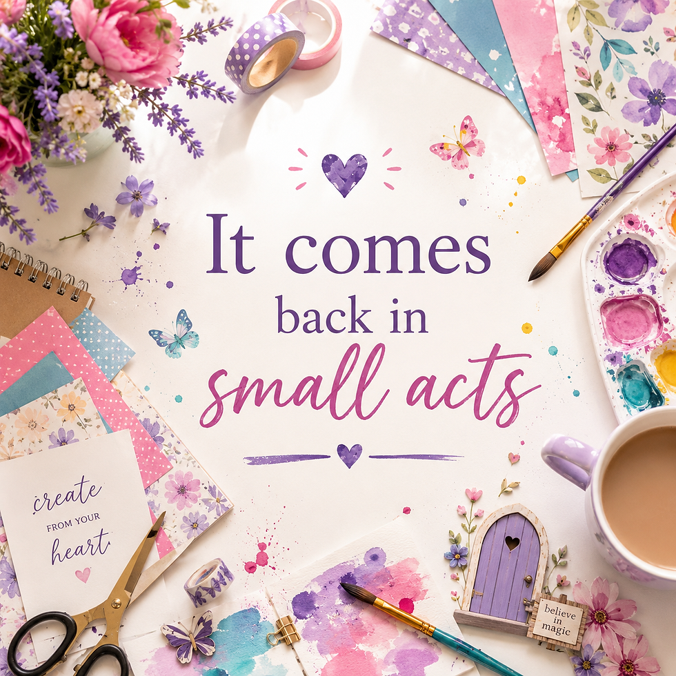 Pastel craft flat lay with flowers, paints, brushes, scissors and mugs; text reads It comes back in small acts.