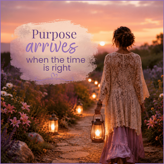Woman in lace dress walks a lantern-lit flower path at sunset; text says Purpose arrives when the time is right