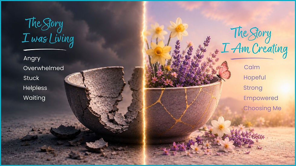Split image of a broken bowl in dark storm vs blooming flowers in sunrise, with text: The Story I was Living / I Am Creating.