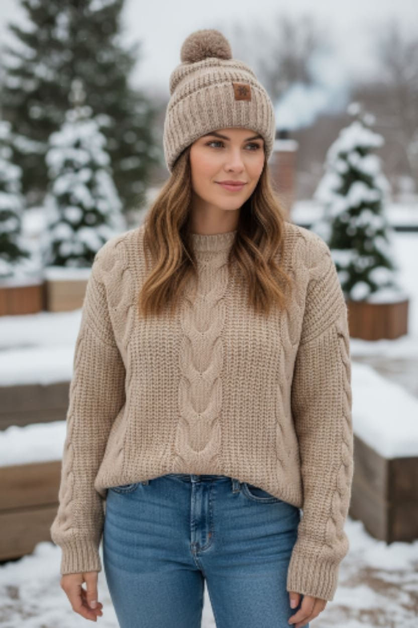 Bonnet Fourré en maille avec doublure et pompon en Bande. Modèle 1 - Réf N°03