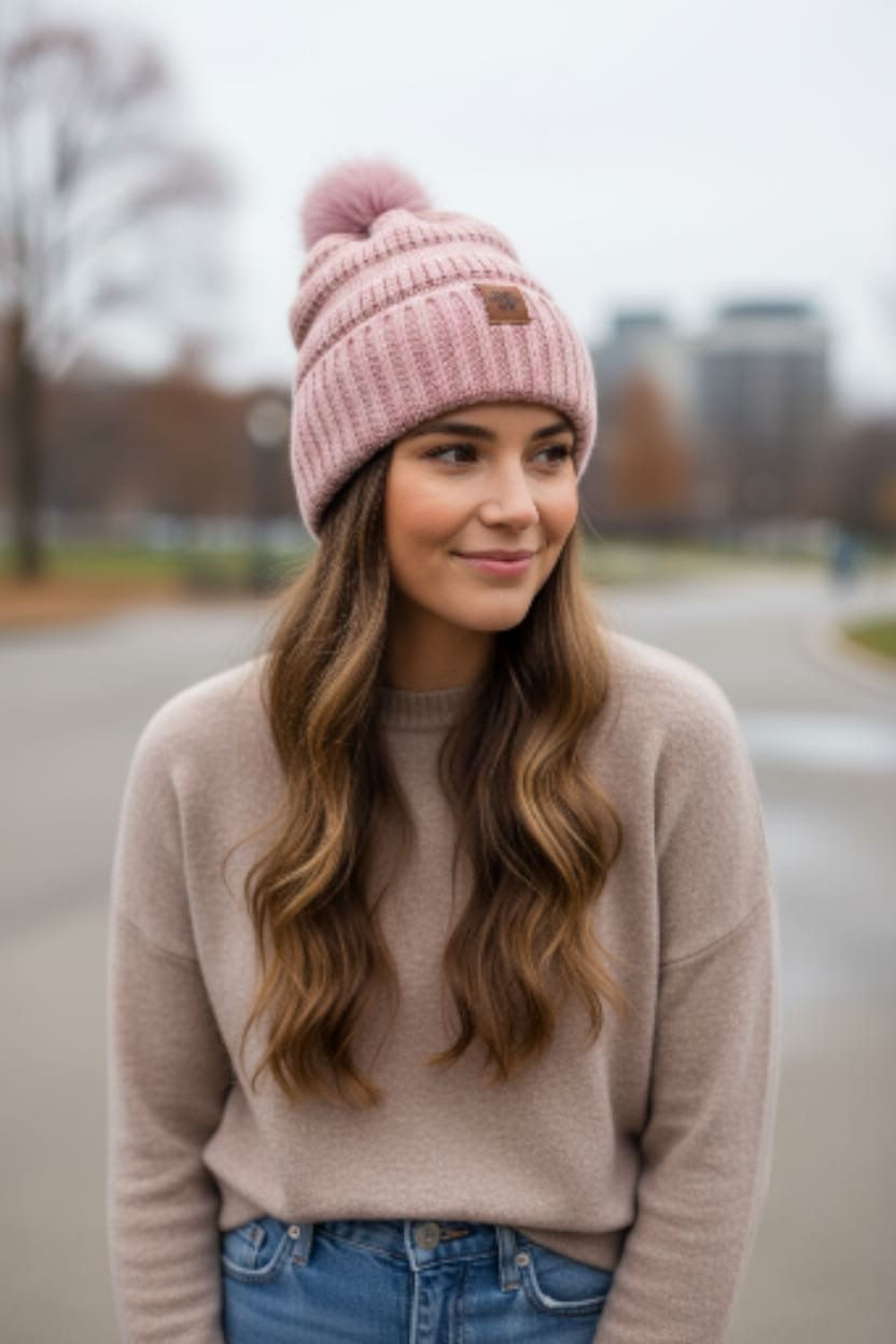 Bonnet Fourré en maille avec doublure et pompon en Bande. Modèle 1 - Réf N°04