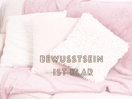 Rosa Sofa mit hellen Kissen und der Aufschrift „Bewusstsein ist klar“