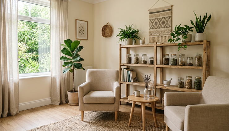 Wide-angle view of a quiet therapy room with natural materials and plants.