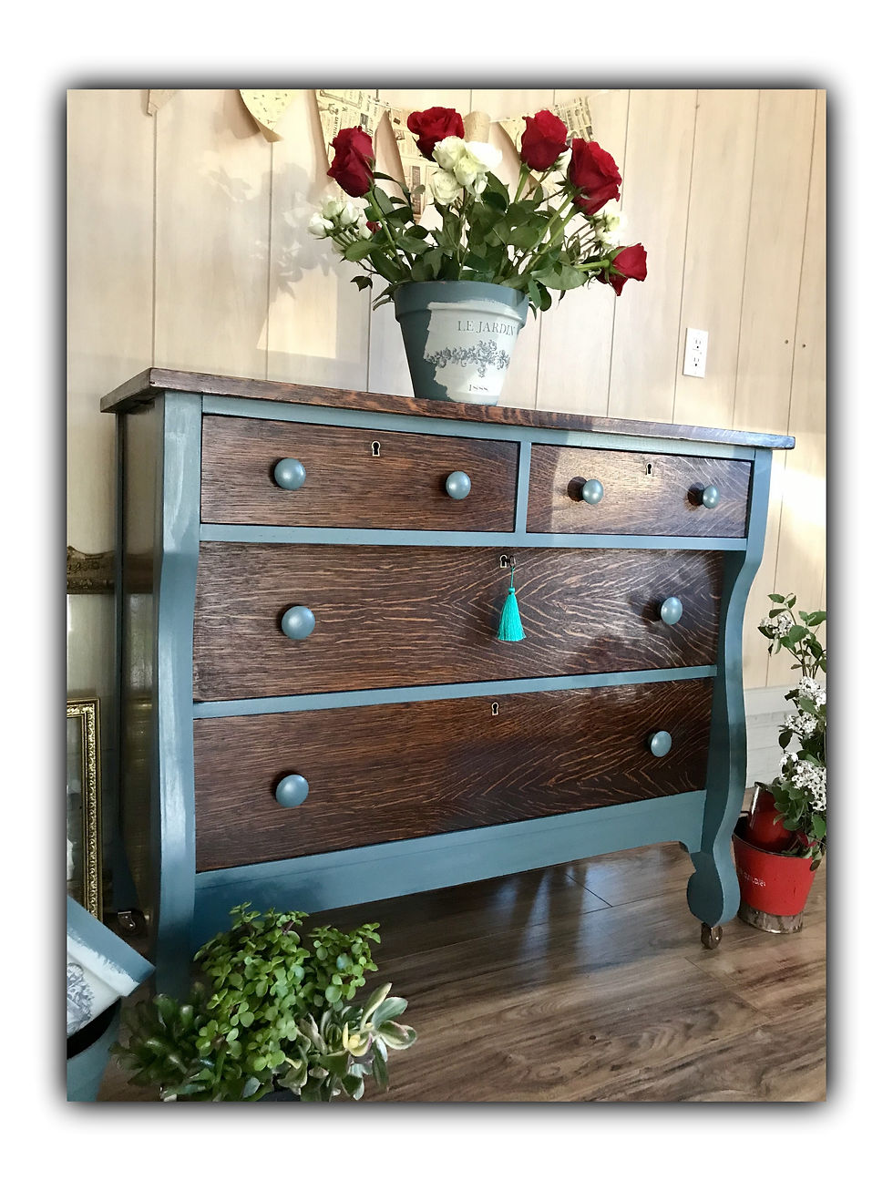 Thumbnail: Tiger oak dresser with key
