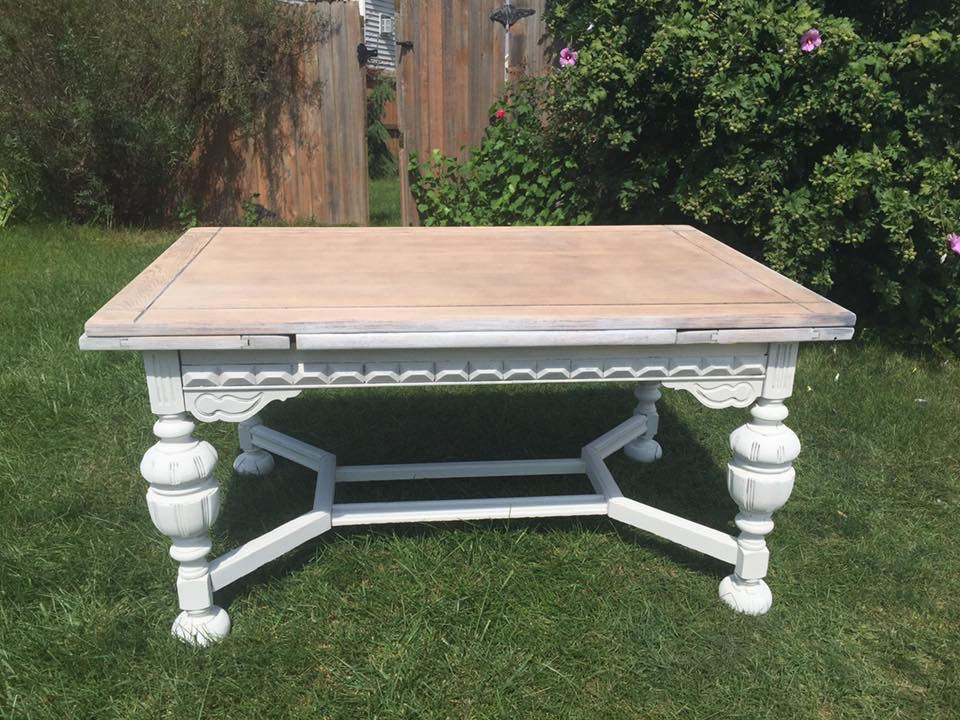 Thumbnail: Antique pickled oak dining table with leaves