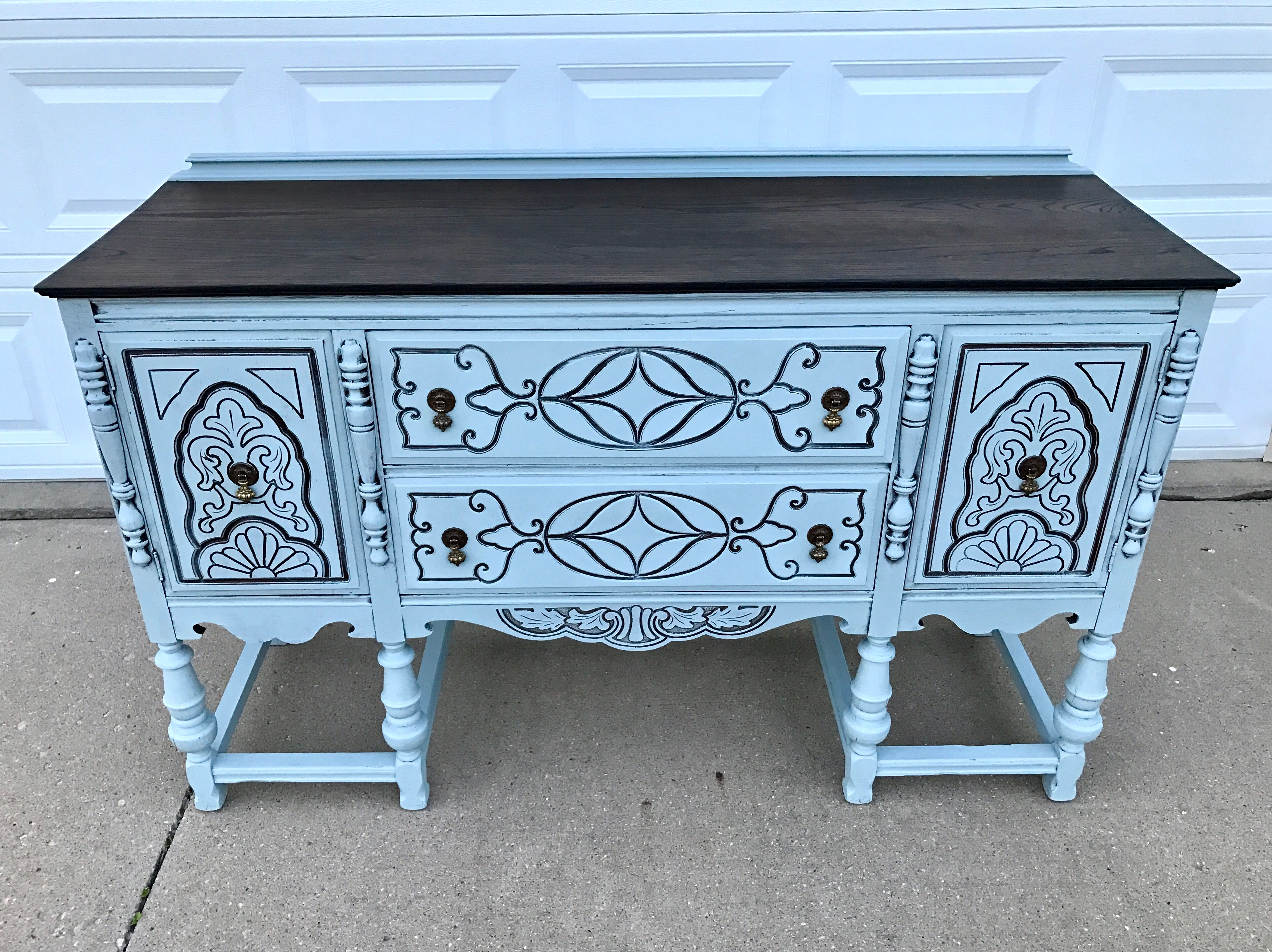 Rustic ornate buffet in Savannah Mist