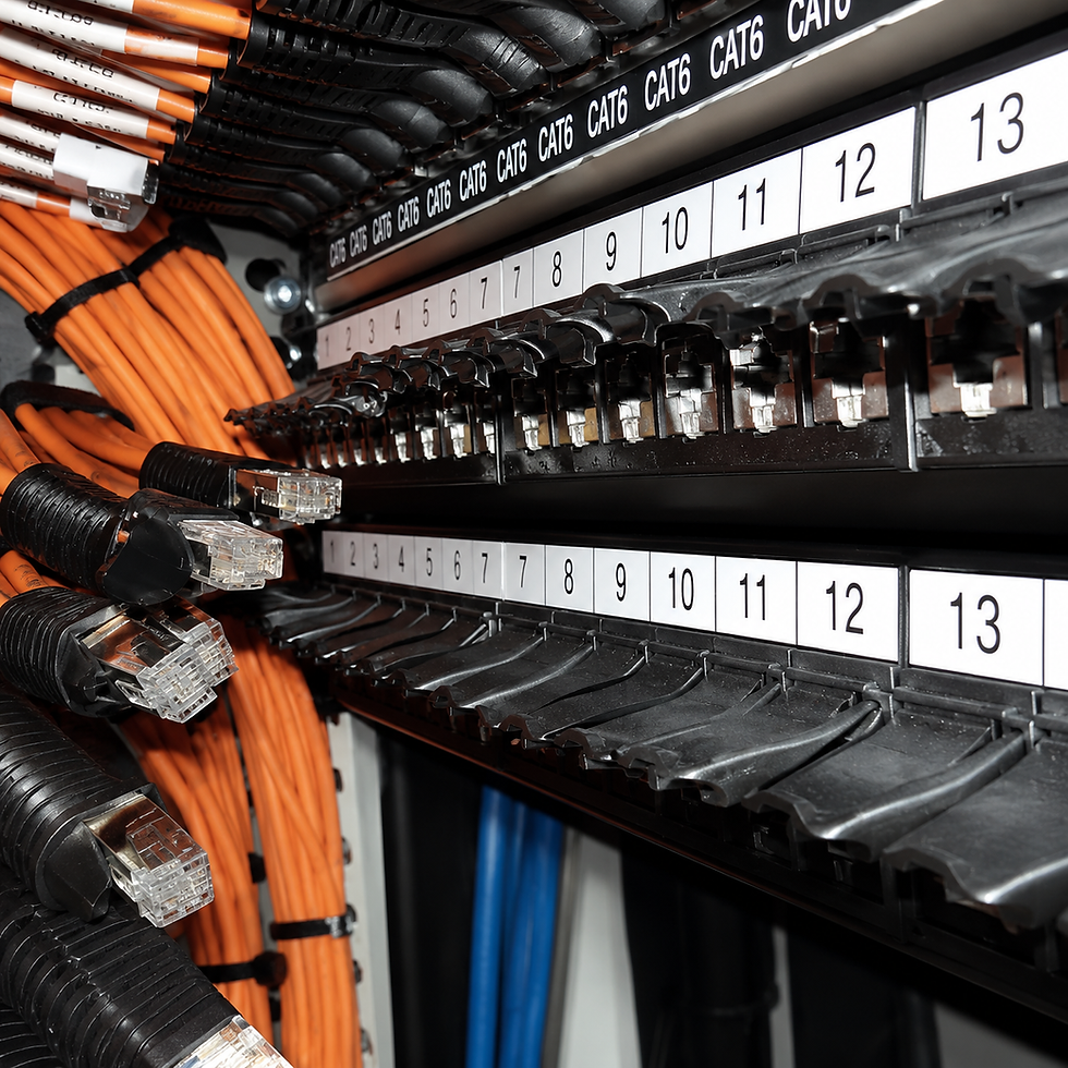 Data centre installer connecting and organising cables in a network rack.