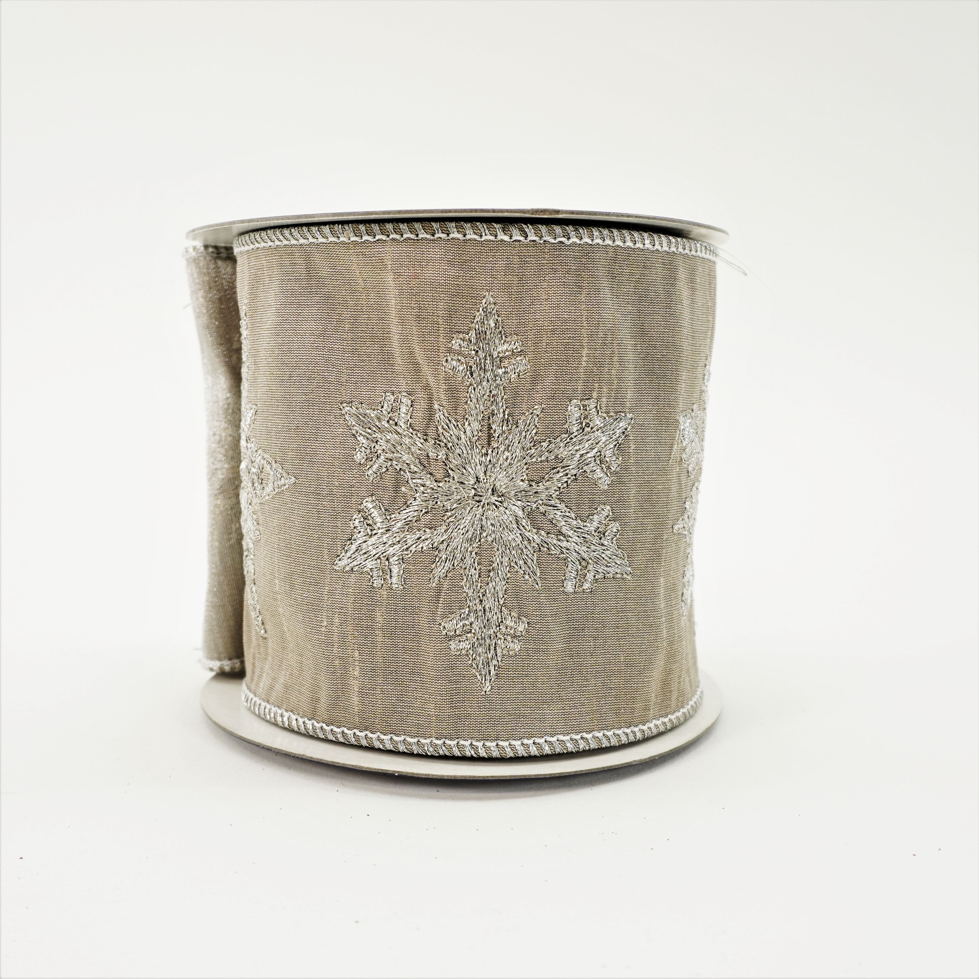 RIBBON SNOWFLAKE EMBROIDERY 4"X5YD GRAY AND SILVER
