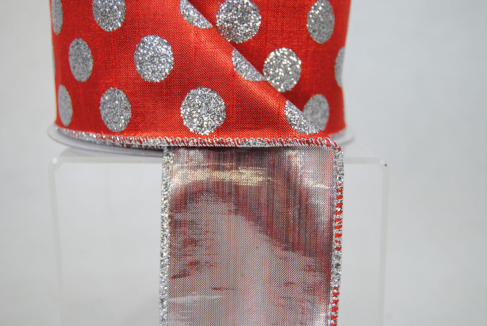 Thumbnail: RIBBON GLITTER POLKA DOTS 2.5X10YDS RED AND SILVER