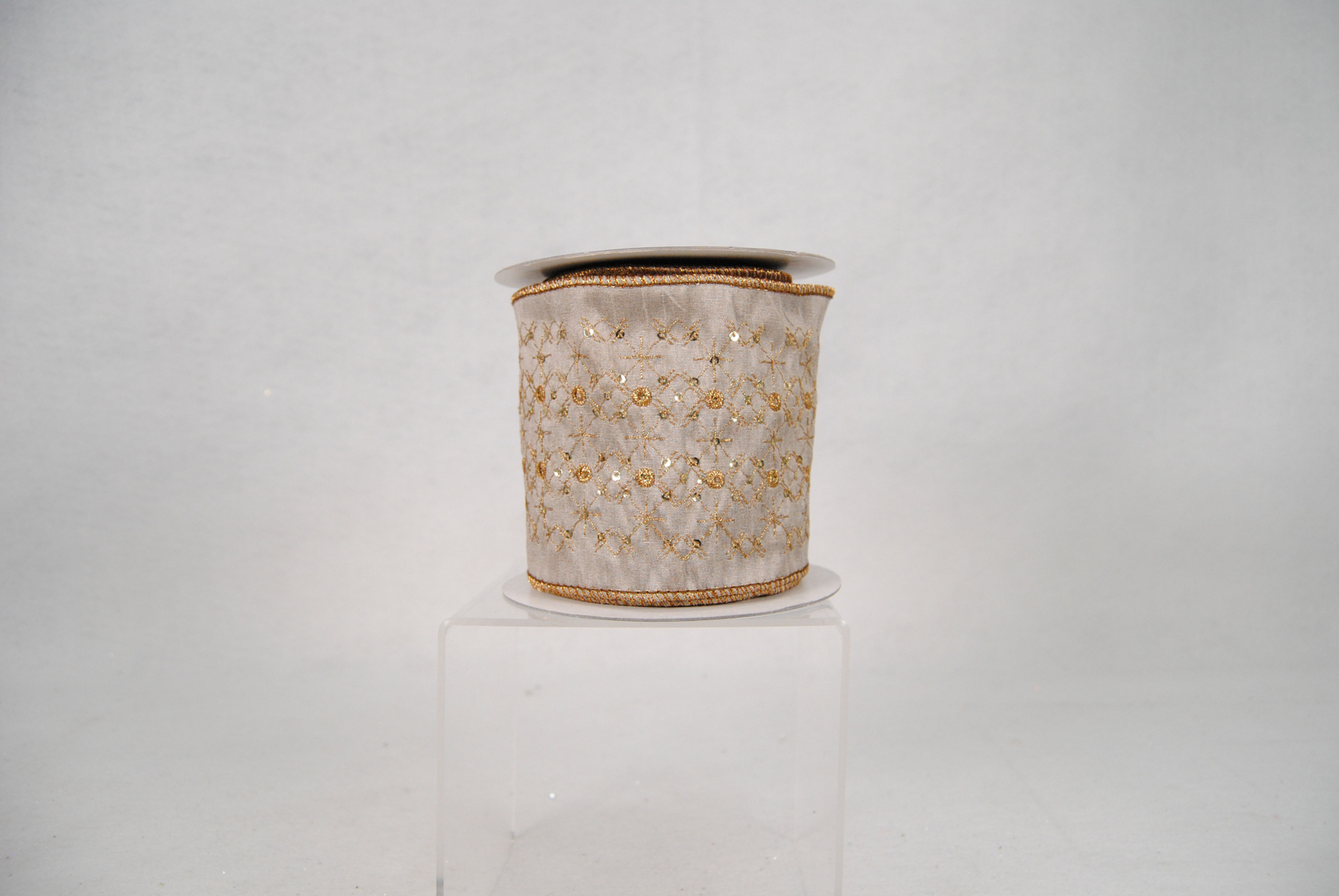 RIBBON 4X5YDS SEQUIN BORDER EMBROIDERED PLATINUM