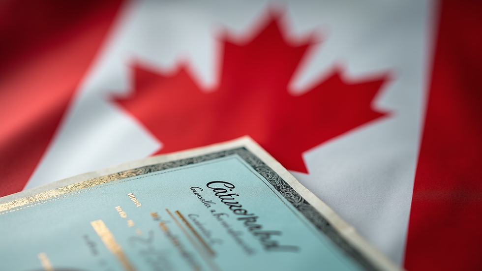 Close-up view of Canadian flag and citizenship certificate