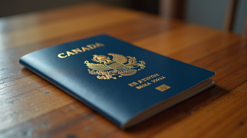 Wide angle view of a Canadian passport on a wooden table