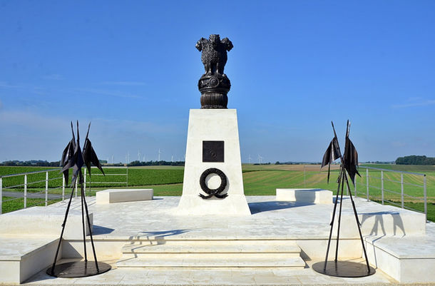 Stone pillar memorial at Villers-Guislain, France, honoring Indian cavalry soldiers of World War I.