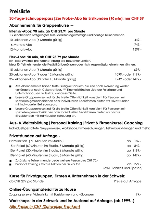 Bright Crane Tai Chi Zurich - Privatstunden / Private Lesson / Personal Training: www.brightcrane.ch - Preise