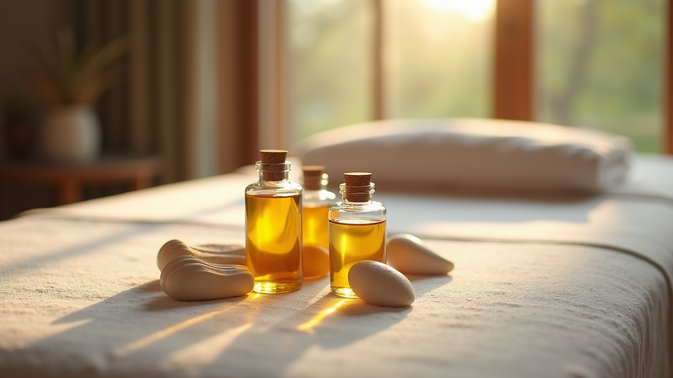 Vue en plongée d’une table de massage avec des huiles essentielles et des outils de réflexologie