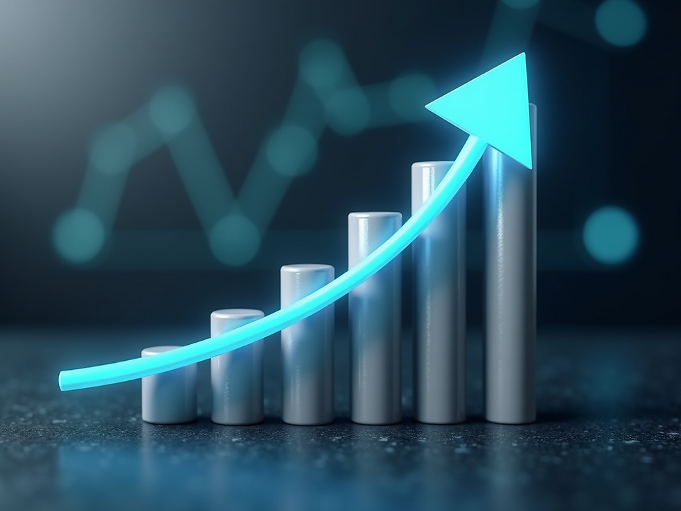 Silver bars arranged in ascending order with a glowing blue upward arrow on a dark background, suggesting growth and success.