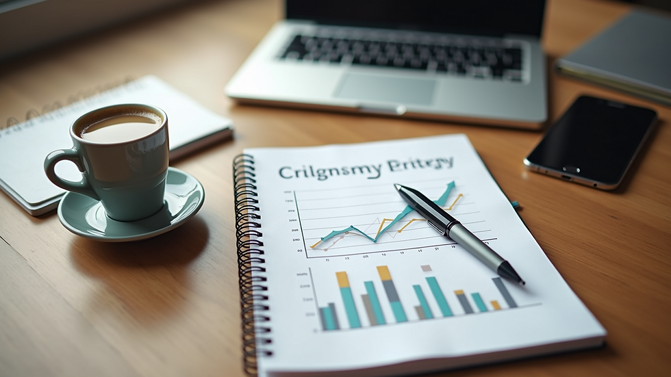 High angle view of a workspace with a notebook, coffee cup, and digital marketing strategy plan