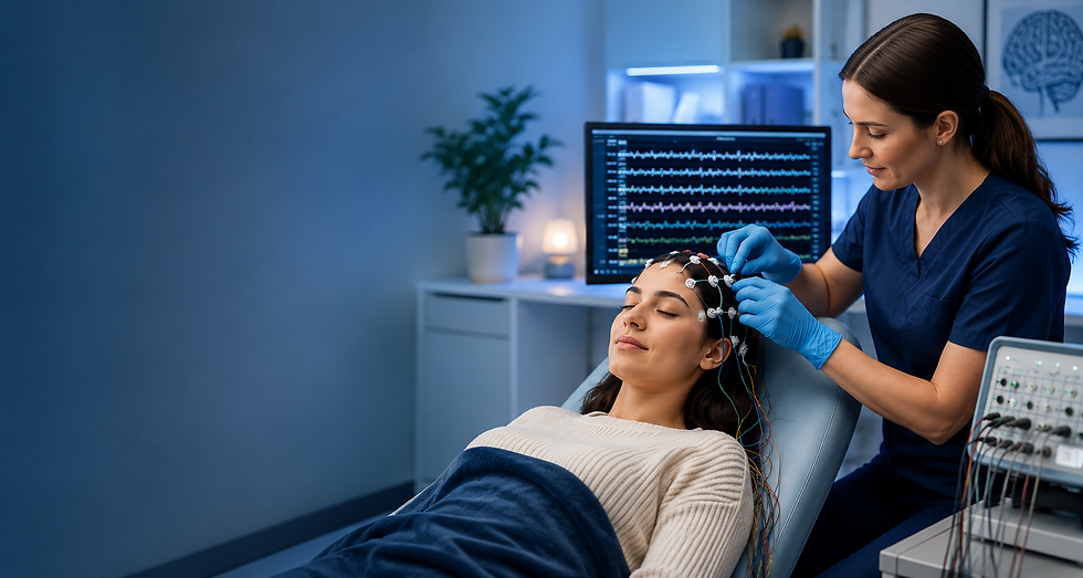 EEG technologist placing electrodes on a relaxed patient in a clean neurology clinic