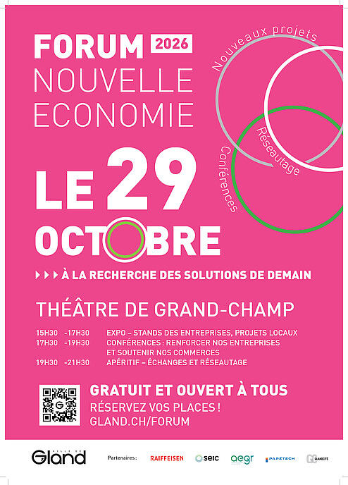 Pink poster for Forum Nouvelle Economie 2026, Oct 29 at Théâtre de Grand-Champ, with circles and event details.