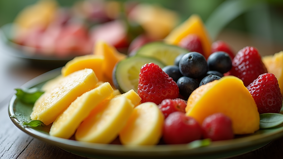 Close-up view of a tropical fruit platter served at a wellness retreat