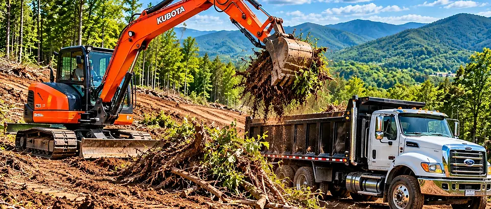 Land clearing, excavation, and hauling in Western North Carolina using an orange excavator to remove brush, roots, and debris into a dump truck.