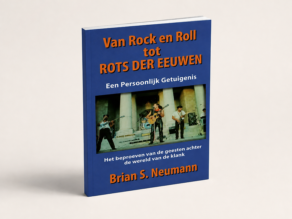 Boek Van Rock en Roll tot Rots der Eeuwen van Brian S. Neumann met blauwe omslag en foto van een rockband.