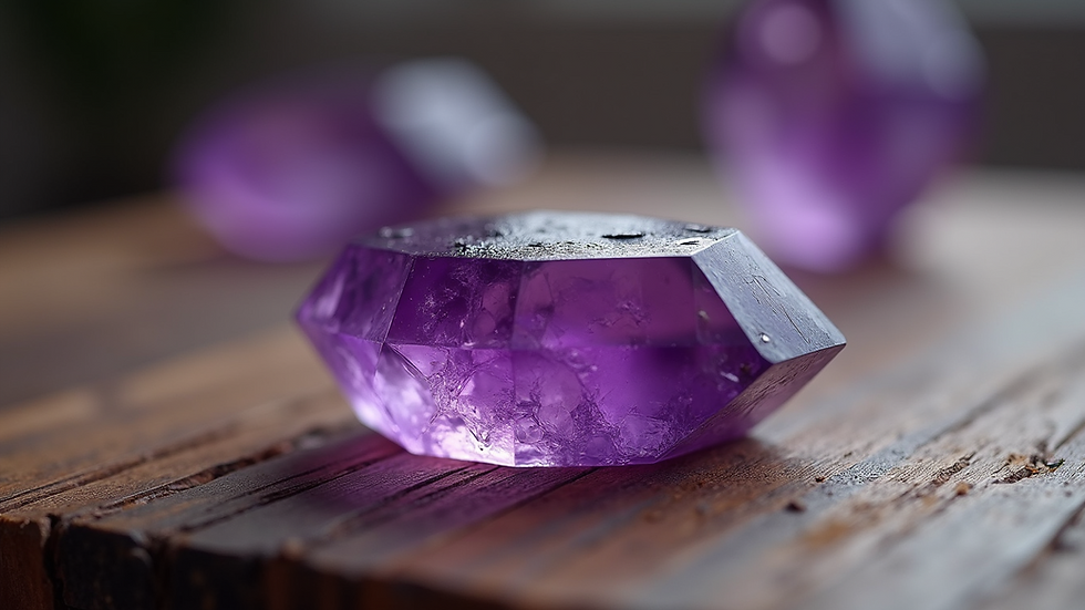 Close-up view of a vibrant amethyst crystal on a wooden surface