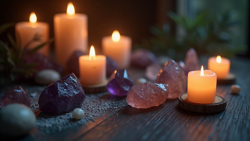 Close-up view of a witch's altar with candles and crystals