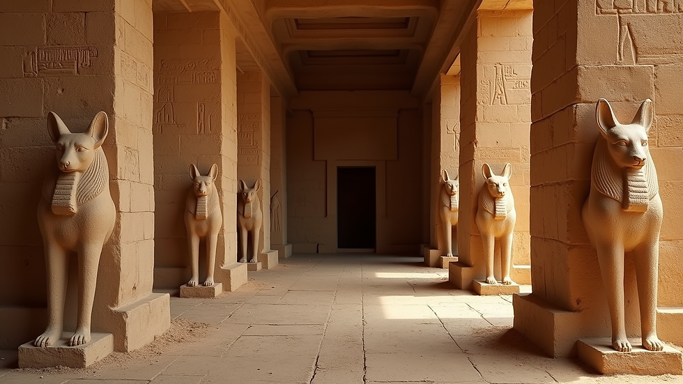 Close-up view of an ancient Egyptian tomb with Anubis motifs