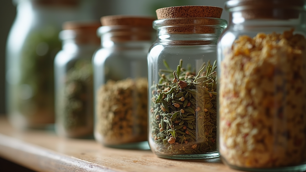 Close-up view of a variety of dried herbs in glass jars