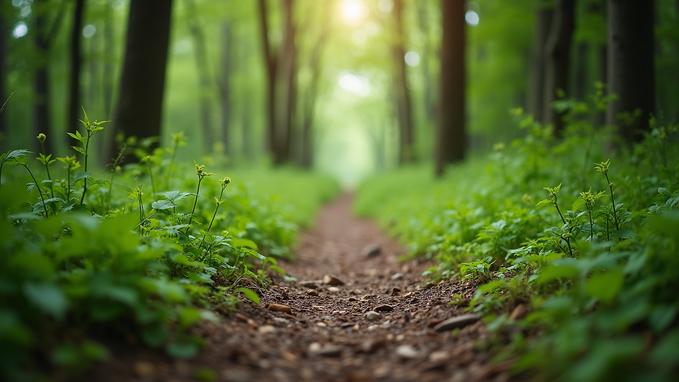 Close-up view of a tranquil forest path surrounded by lush greenery